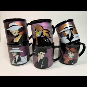 1980s Patrick-Nagel Style Noir Lady Mugs – Set of 6 -Art Deco Retro Glam